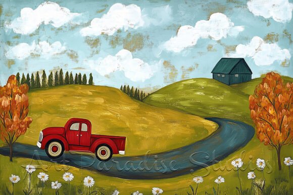 Download Red Truck Rolling Hills Country Print - Premium Resources